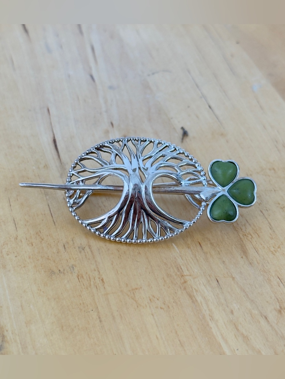 Ireland Sterling Silver Tree of Life Connemara Marble 3 Leaf Clover Brooch